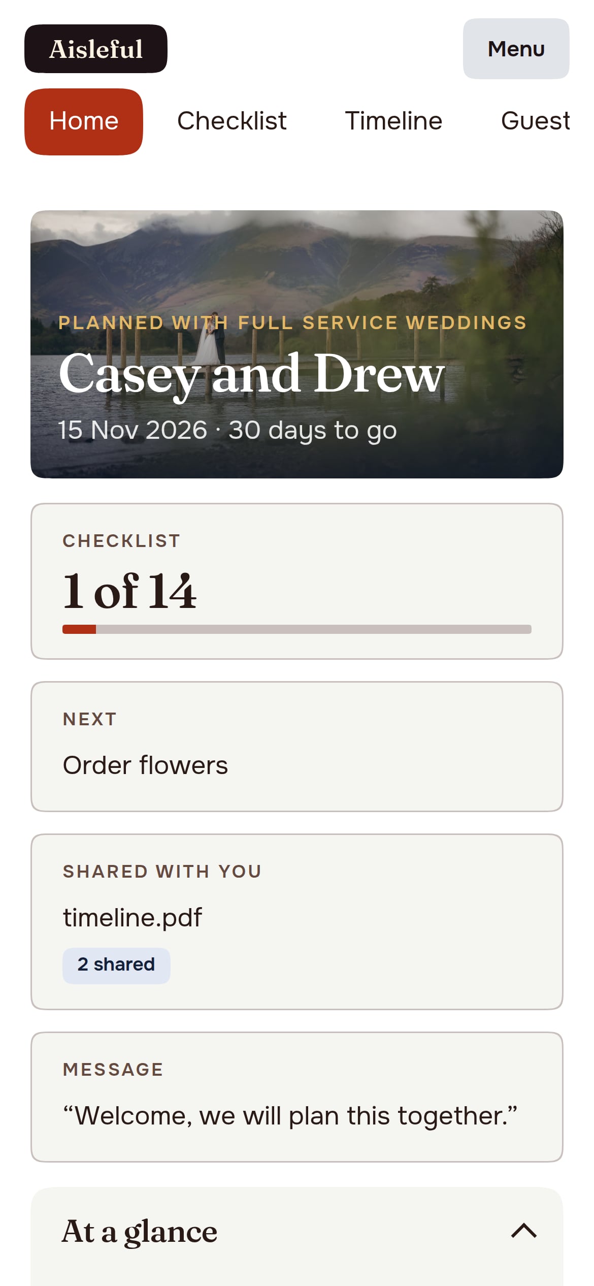The couple's own login on a phone: their wedding, checklist and days to go, under the planner's business name