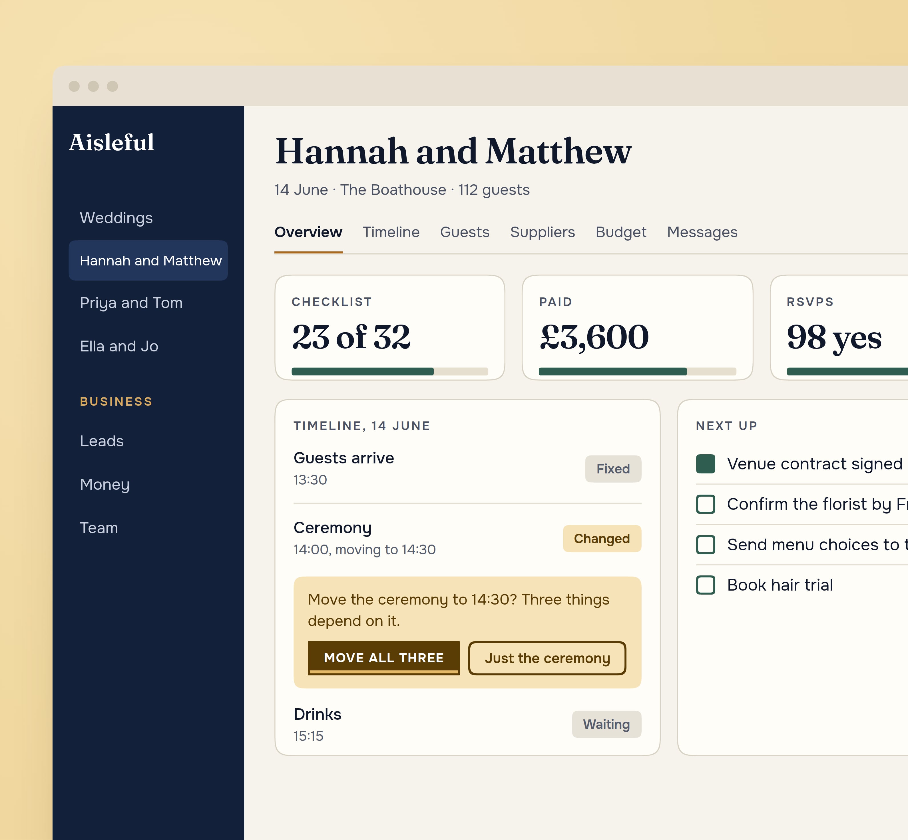 The Aisleful workspace for one wedding: checklist, payments, RSVPs, and the timeline asking whether to move three things that depend on the ceremony